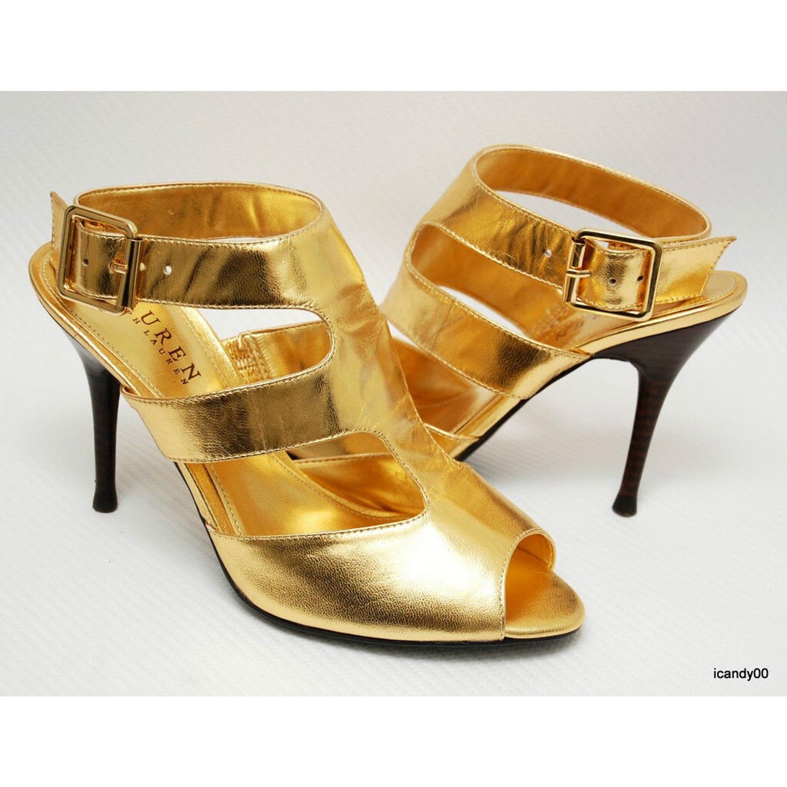 Ralph Lauren Baird Leather T-Strap Strappy Sandal Pump Heel Shoe Gold 5.5/6/6.5